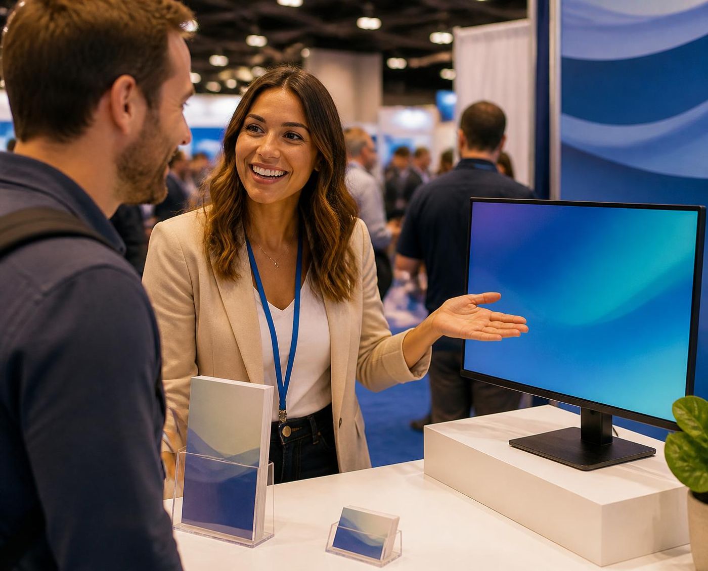 A presenter at a trade show booth talks with a visitor and gestures toward a monitor on a white riser, next to a brochure holder and business card holder